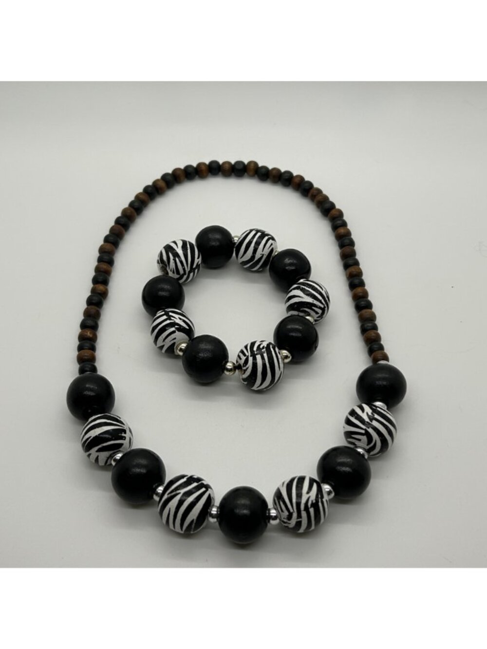 Chunky Black White Zebra Print Wood Beads Stretch Necklace Bracelet Jewelry Set - Picture 9 of 11